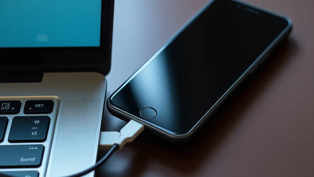 Un smartphone avec un câble USB