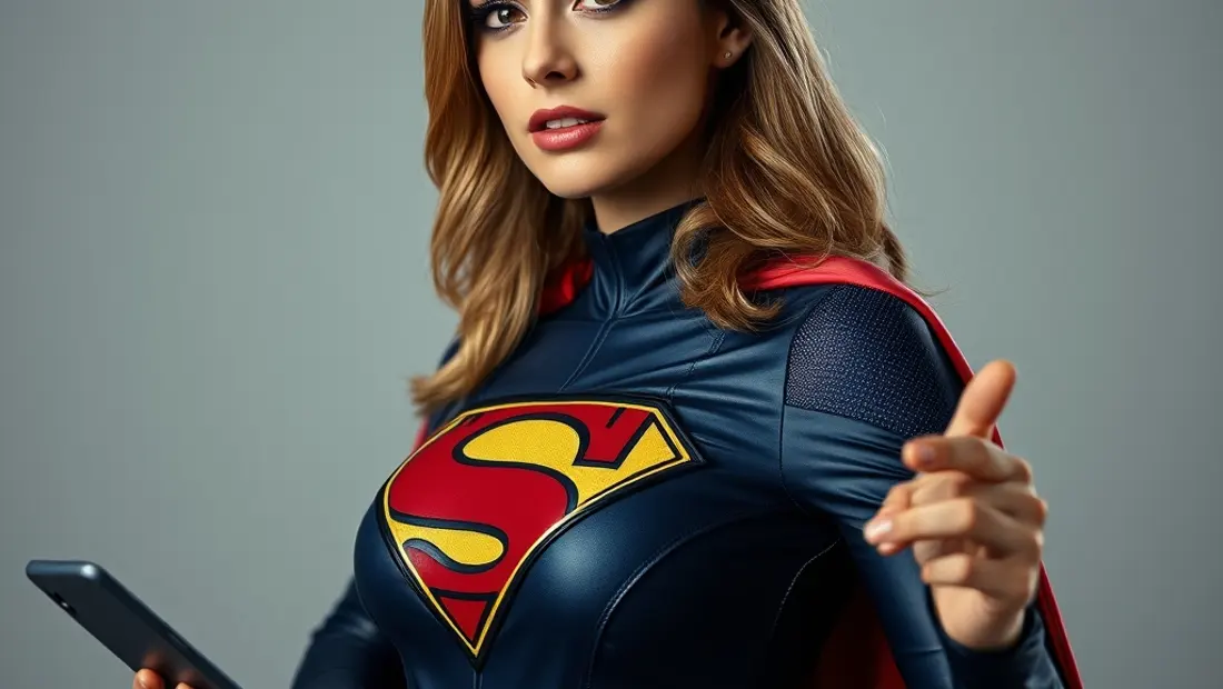 Mujer con traje de superheroína y teléfono