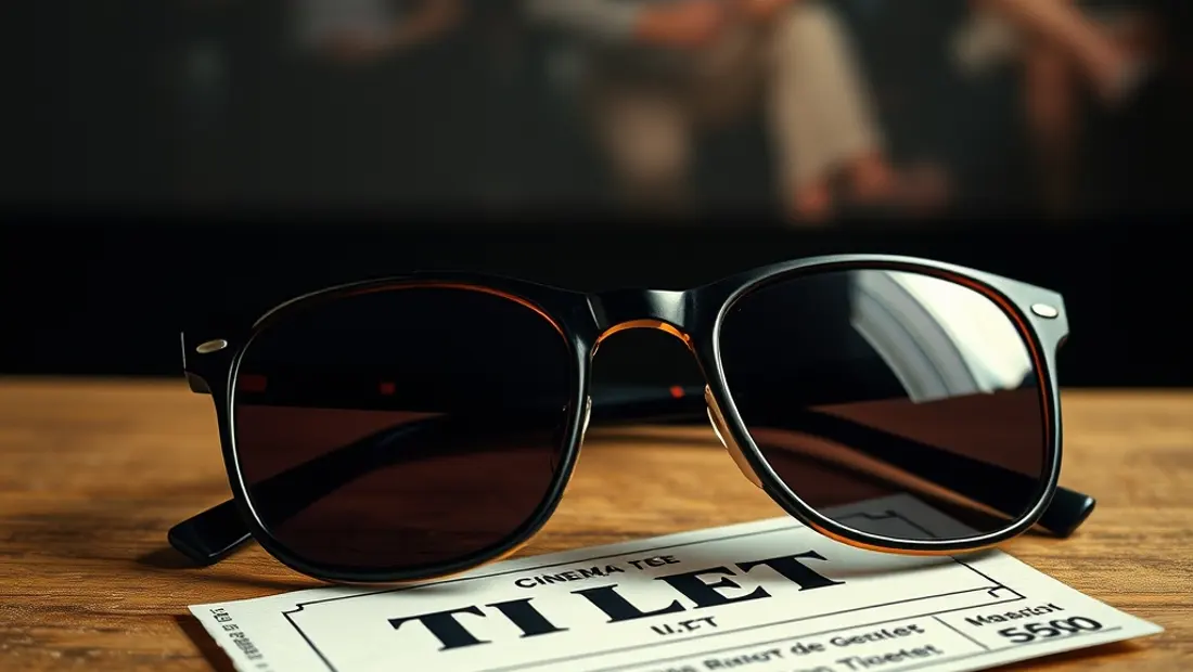Lunetas y un boleto de cine sobre una mesa de madera.