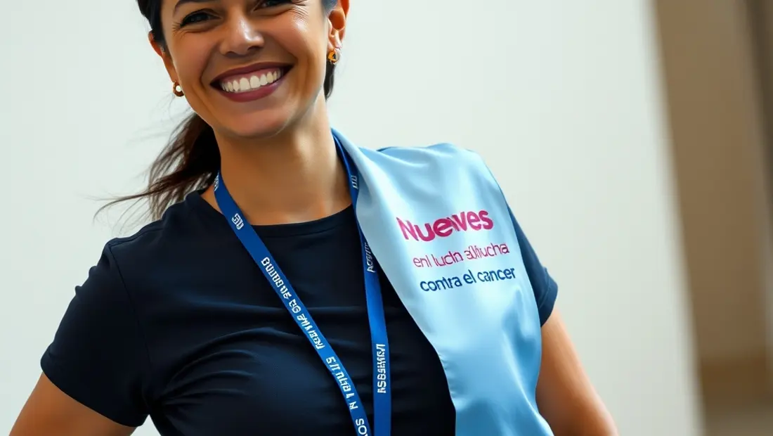 Persona sonriendo con banderola de lucha contra el cáncer