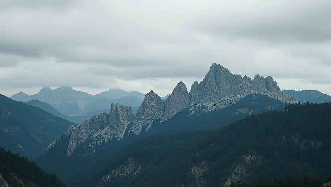 Paisaje de montañas con árboles y rocas.