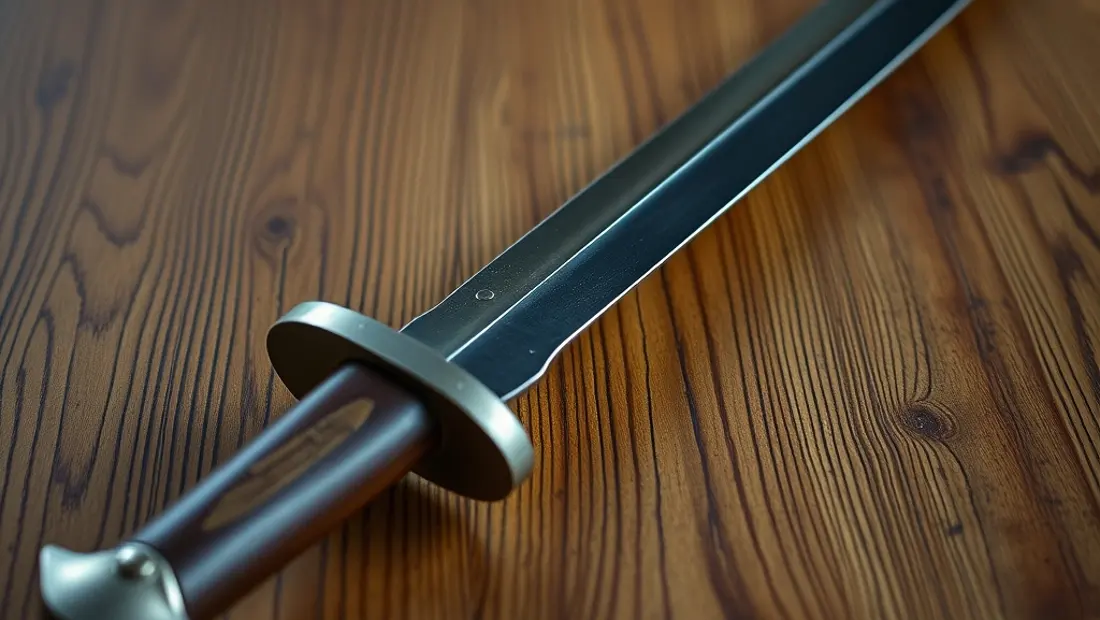 Arma antigua en una mesa de madera.