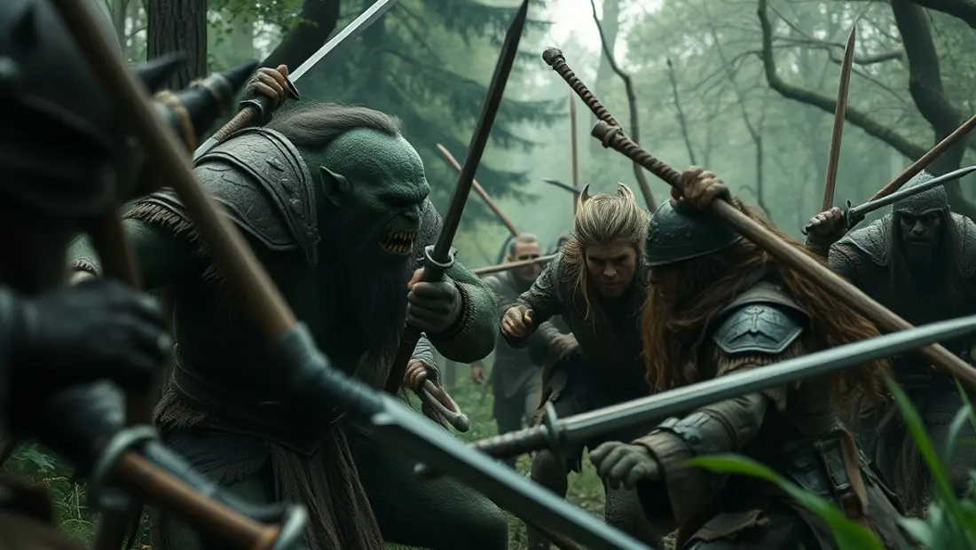 Combate entre orcos y hobbits en un bosque.