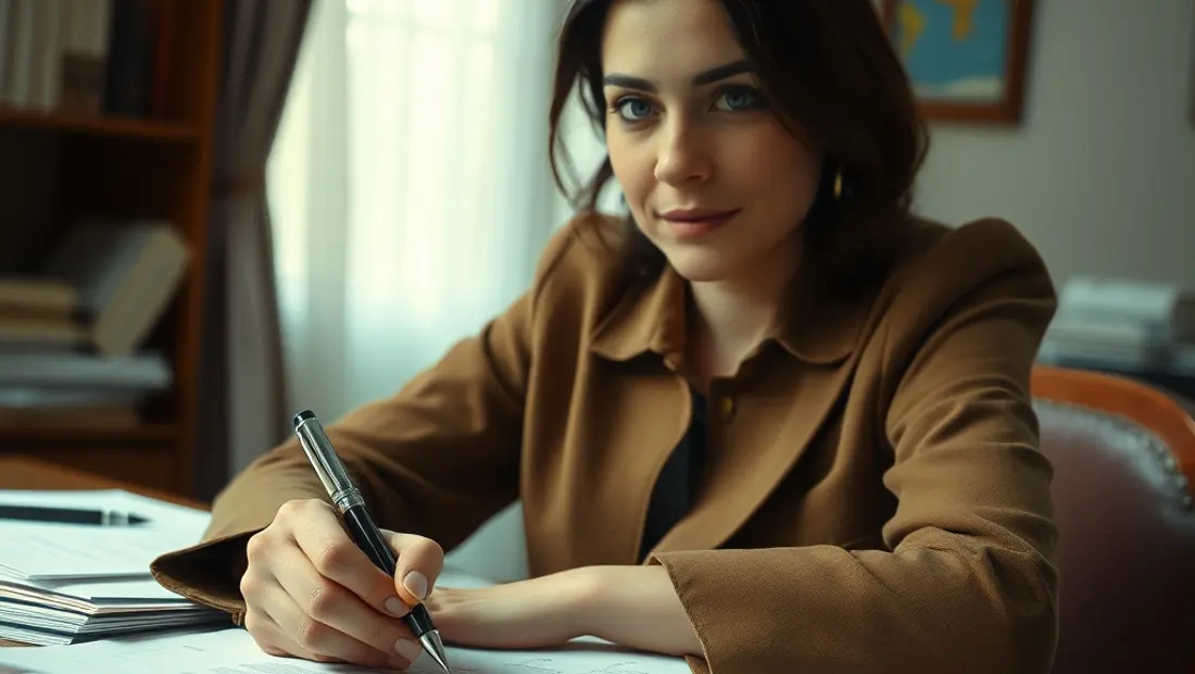 Persona escribiendo y organizando documentos.