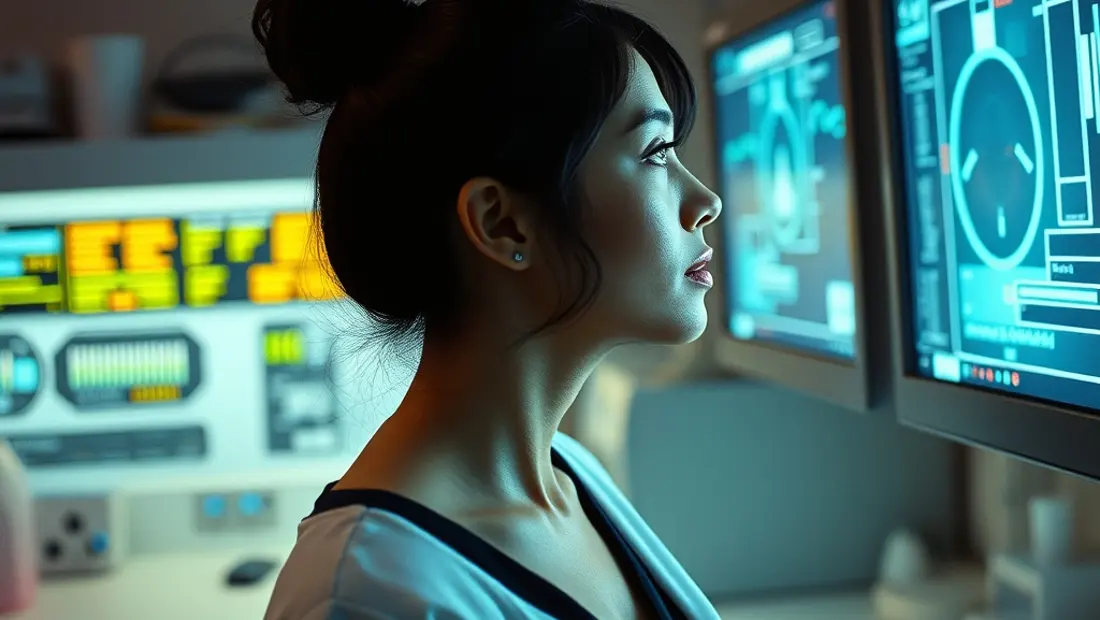 Femme dans un laboratoire, regardant un écran