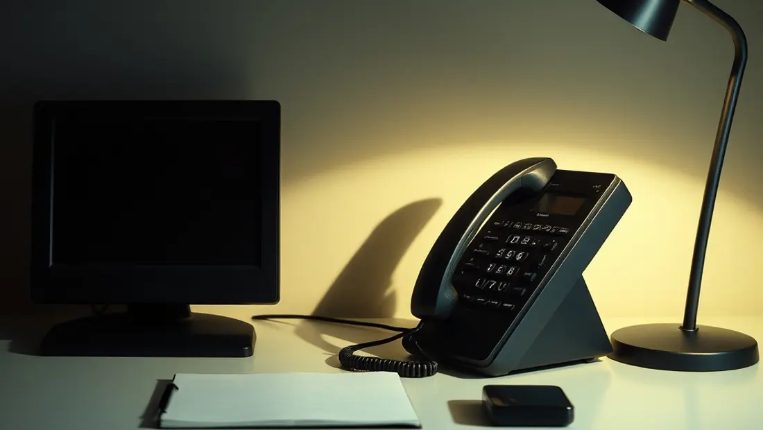 Un escritorio con un ordenador y un teléfono.