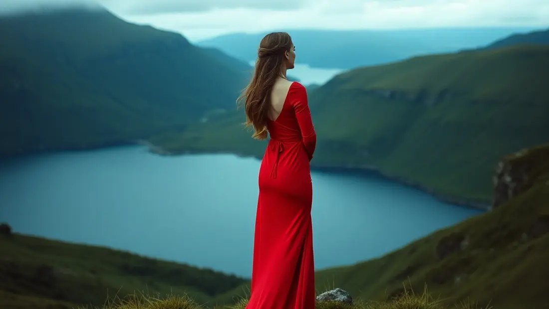 Femme en robe rouge sur la colline
