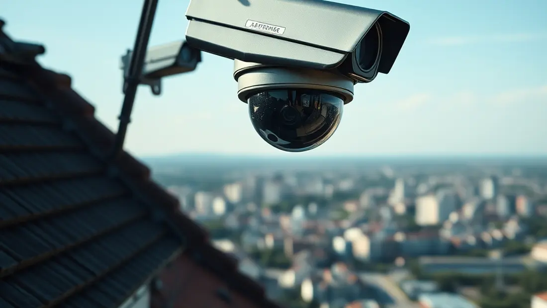Sistema de vigilancia instalado en un tejado con vista a la ciudad