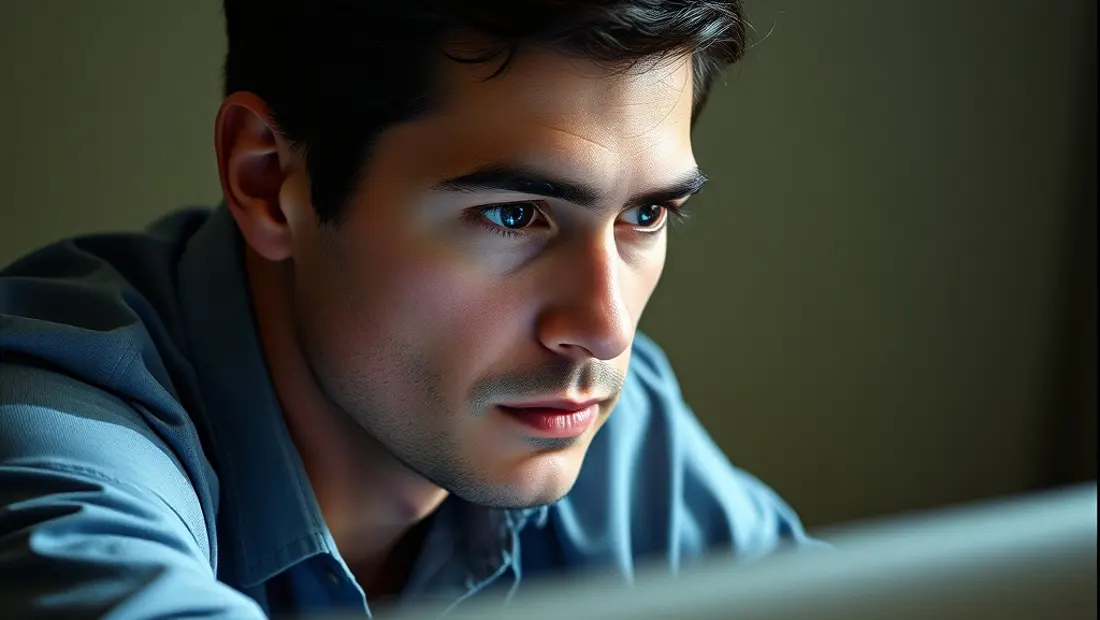 Persona mirando pantalla de computadora con expresión asombrada