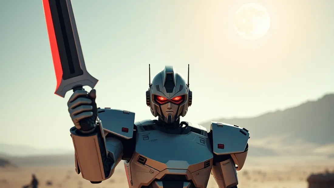 Robot con espada en planeta desolado