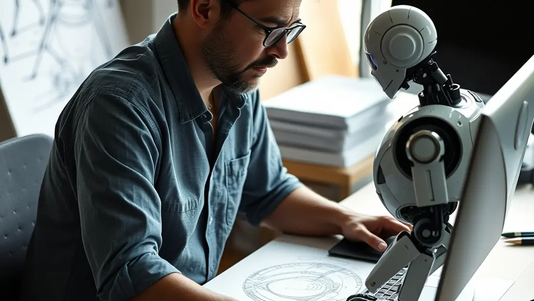 Artista trabajando con robot asistente.