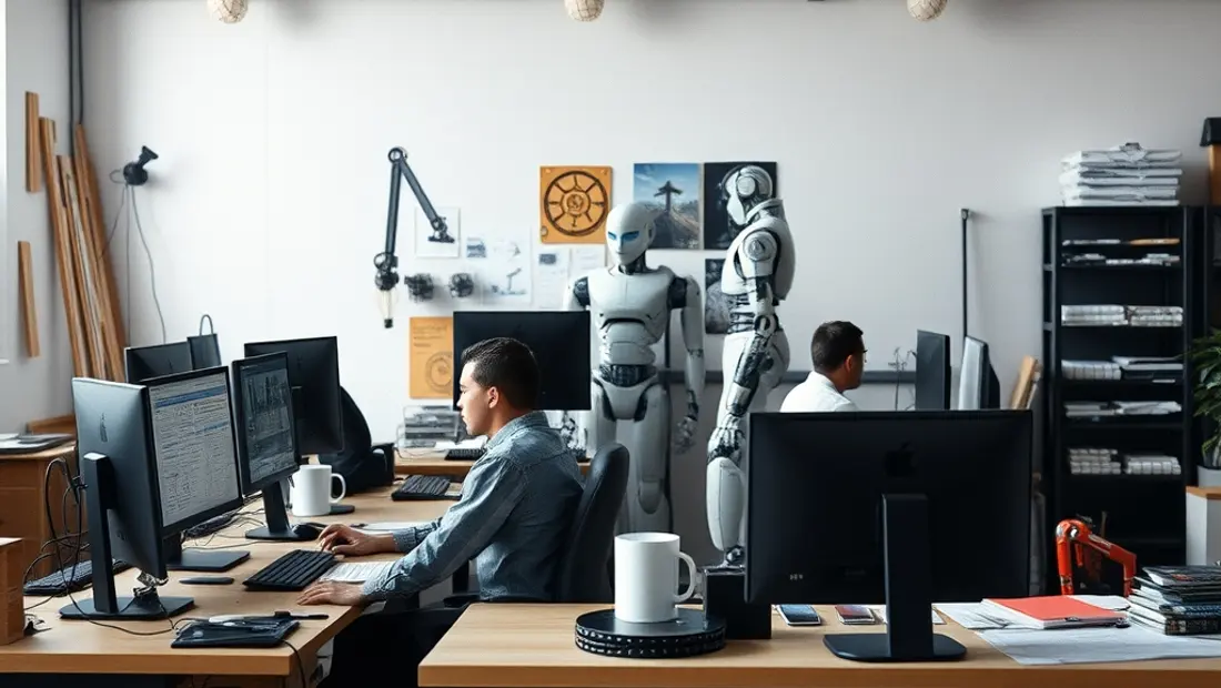 Equipo de diseño trabajando con robot en segundo plano.