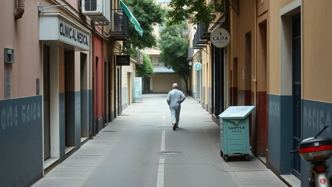 Una calle de Callao con una clinica y una lona retirada