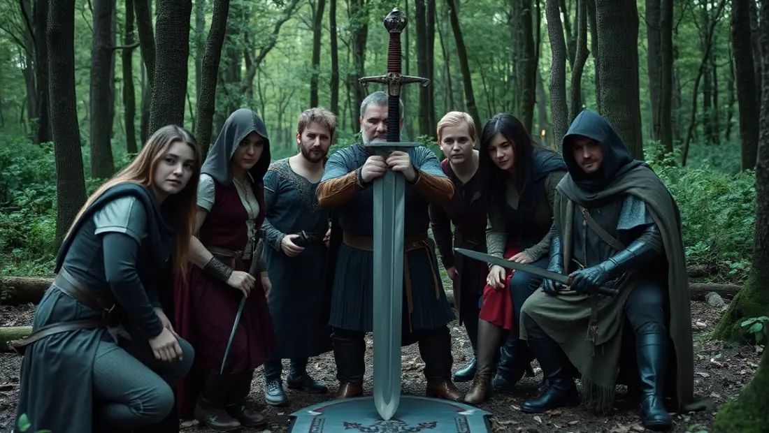 Actores en bosque con réplica de espada