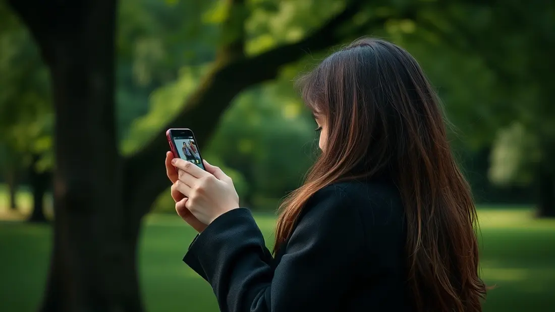 Femme dans un parc, regardant son téléphone