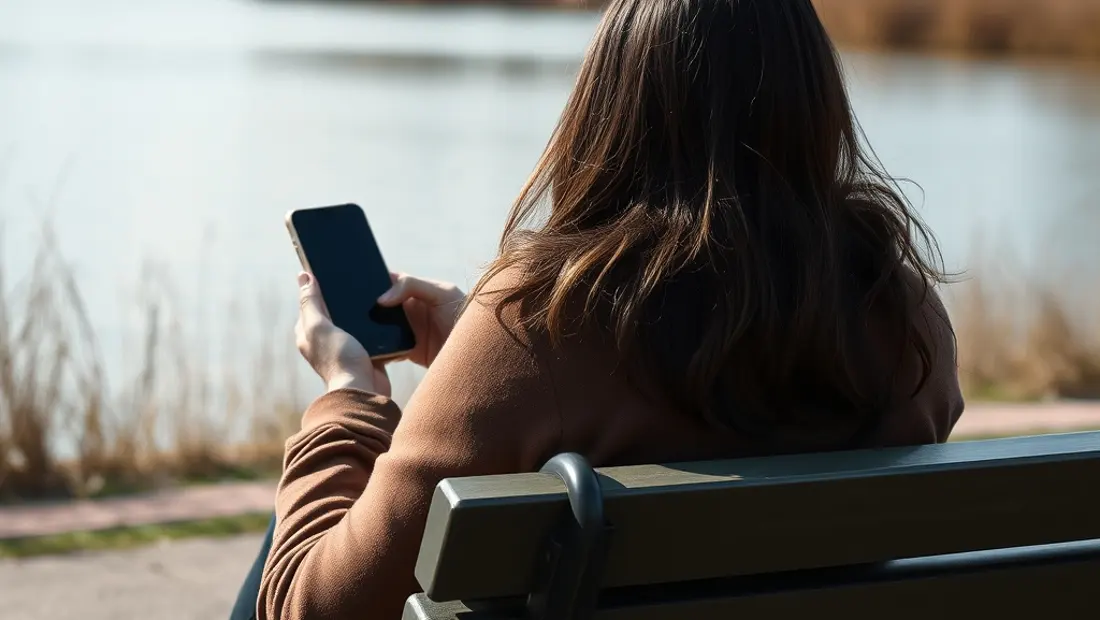 Personne regardant son téléphone à l'écran, avec un lac