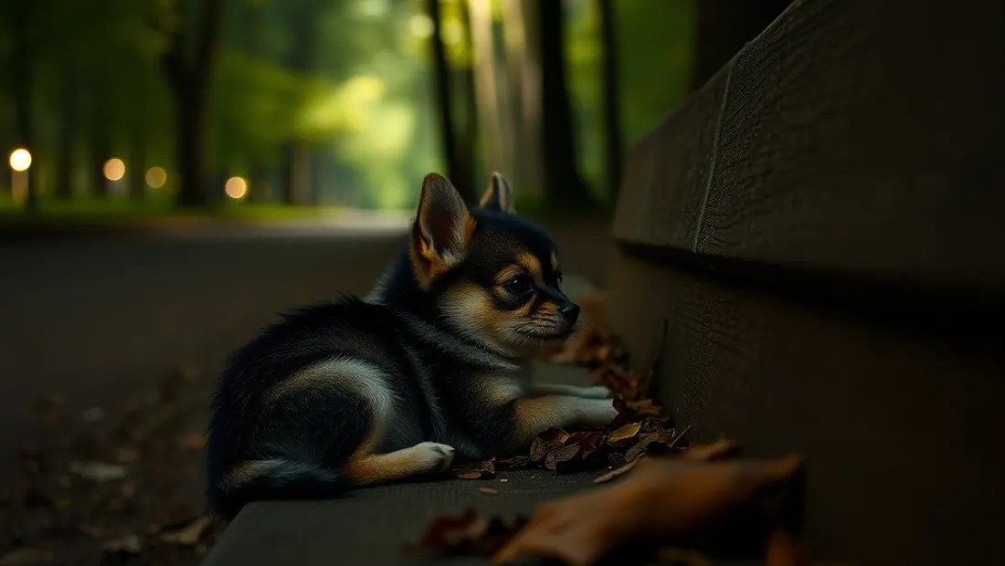 Un chico y un perro en un parque nocturno