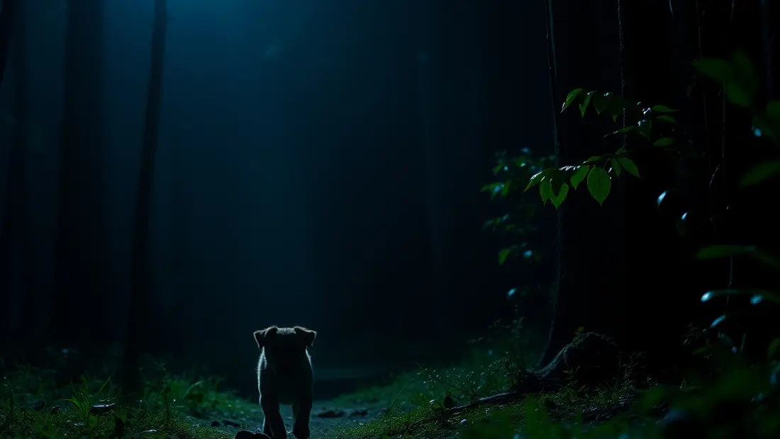 Un chico y su perro en un bosque oscuro