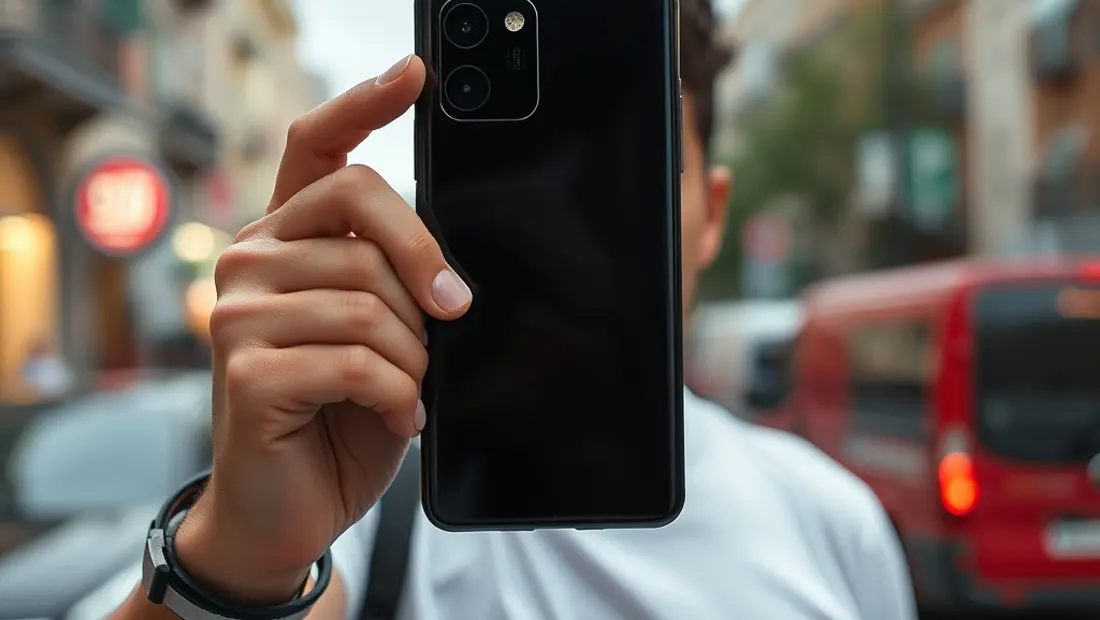Persona sosteniendo un teléfono Galaxy S26 en una calle urbana