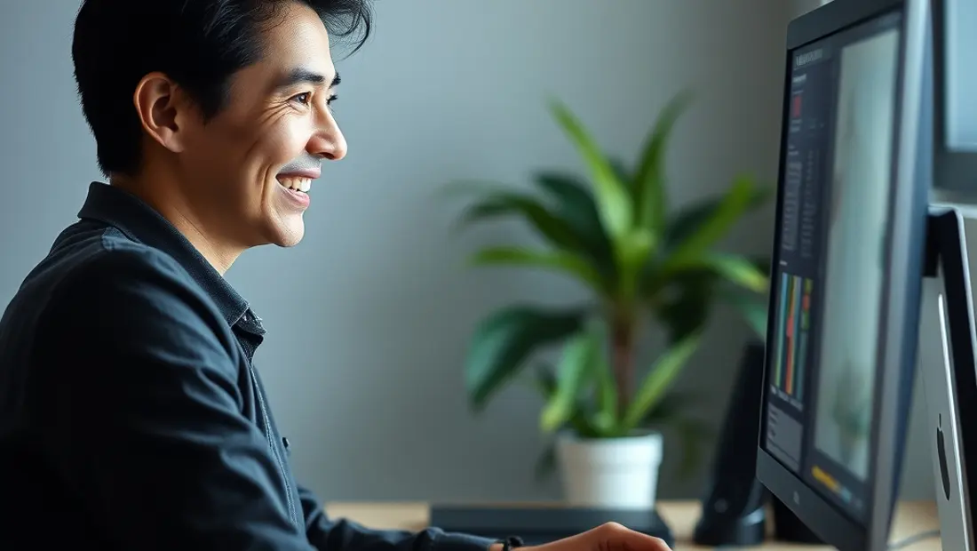 Persona mirando pantalla de computadora con expresión de satisfacción