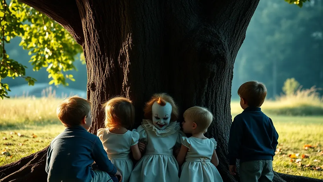 Niños escondidos detrás de un árbol observando a Pennywise