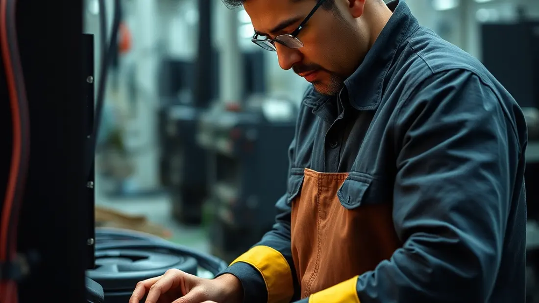 Trabajador en una fábrica inspeccionando una placa base.