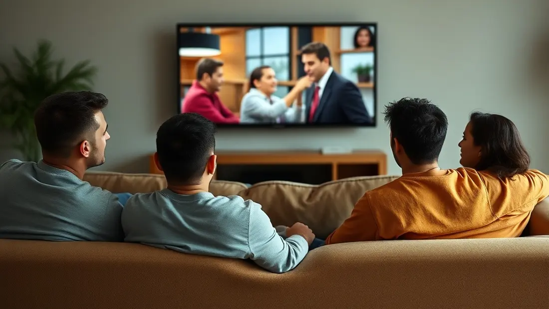 Amigos viendo la televisión y discutiendo.