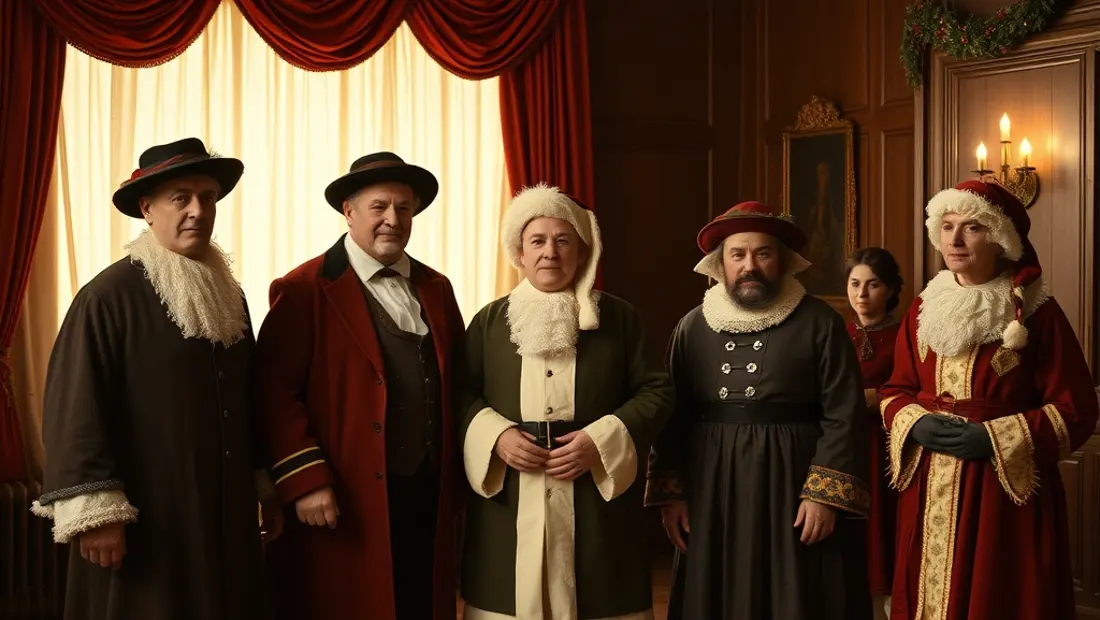 Escena de una película antigua con disfraces navideños