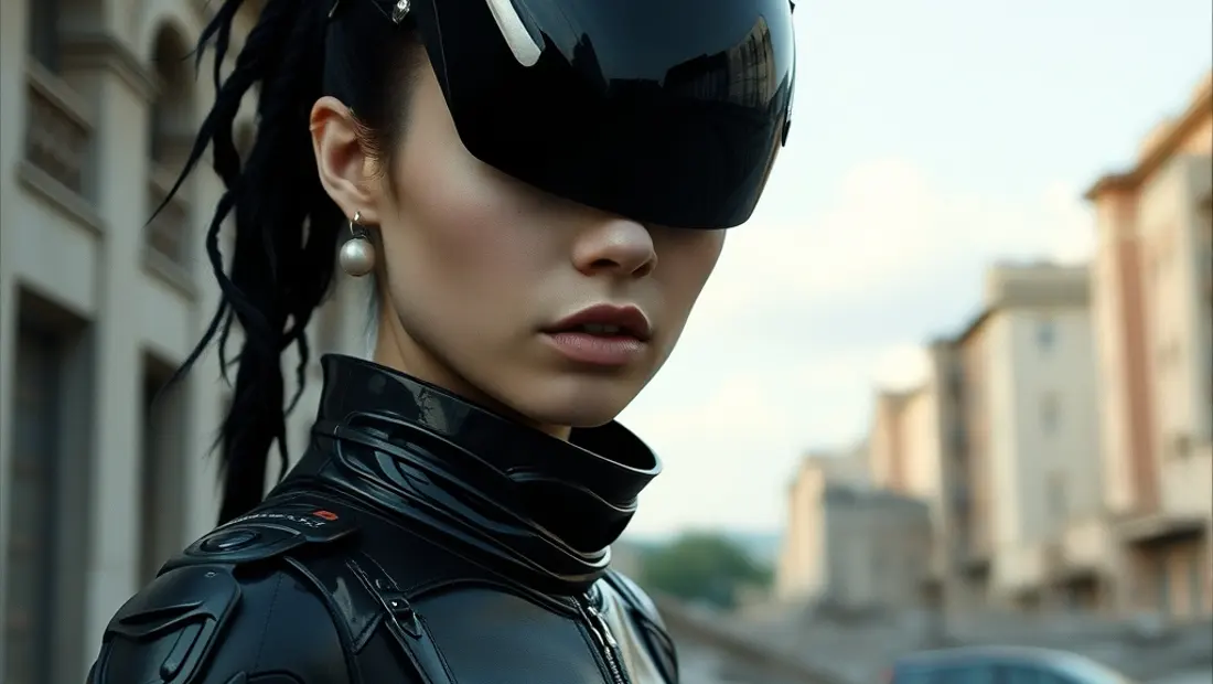 Femme en cyborg devant ruines de ciudad