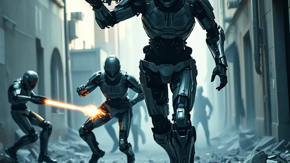 Scène de combat entre cyborgs y humanos en ciudad en ruinas
