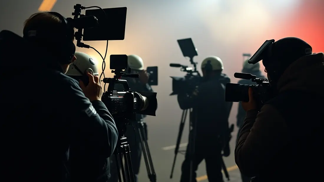 Equipo de filmación en un set de rodaje.