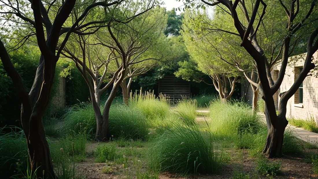 Jardín abandonado con vegetación exuberante