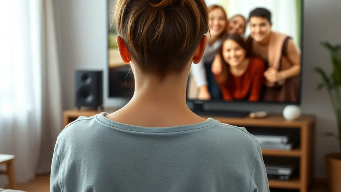 Persona viendo televisión en un salón con familia feliz