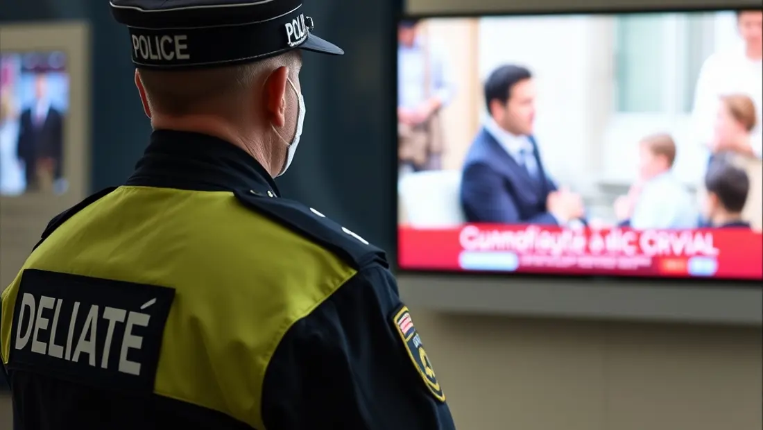 Guardia Civil mirando publicidad en pantalla de TV.