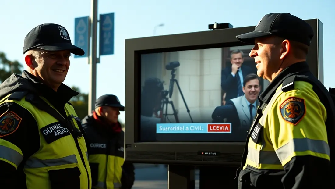 Pantalla de TV con publicidad y guardias civiles sonrientes.