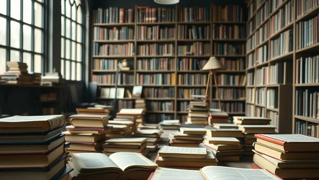 Una biblioteca antigua con libros y documentos en una mesa de trabajo