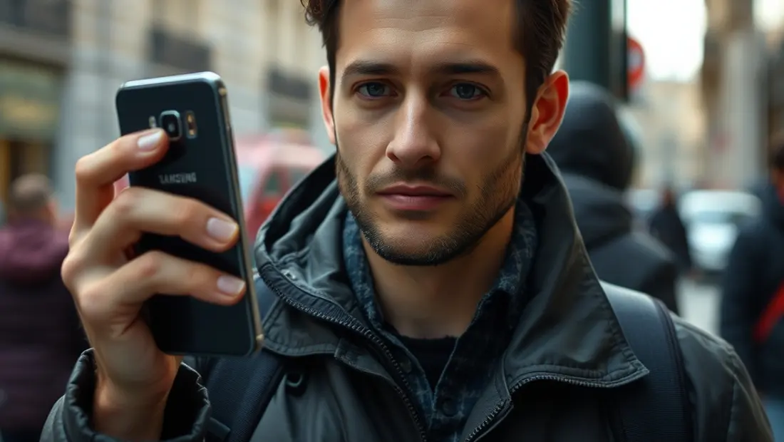 Personne tenant un téléphone dans la rue.