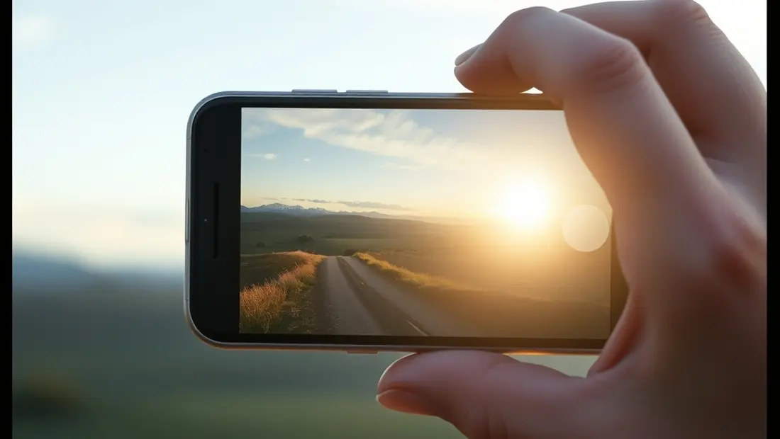 Un teléfono móvil con un objeto en primer plano y un paisaje lejano