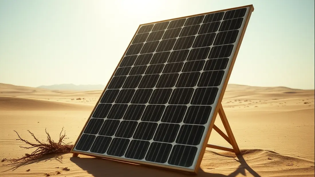 Panel solar en desierto con tormenta de arena.