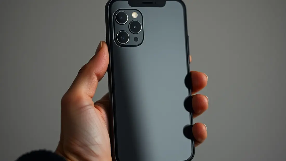 Una mano sostiene un teléfono móvil negro con pantalla grande y cámara trasera visible