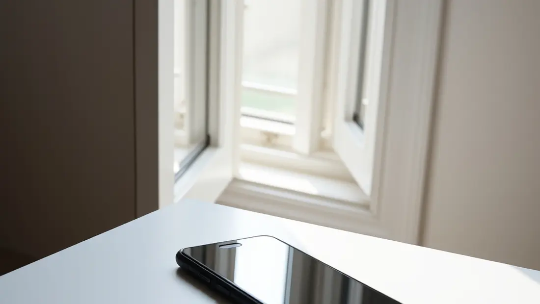 Un teléfono móvil negro reposa sobre una superficie blanca con una ventana abierta detrás