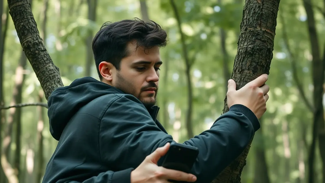 Un hombre gira alrededor de un árbol en un bosque, su teléfono móvil negro atado a su muñeca