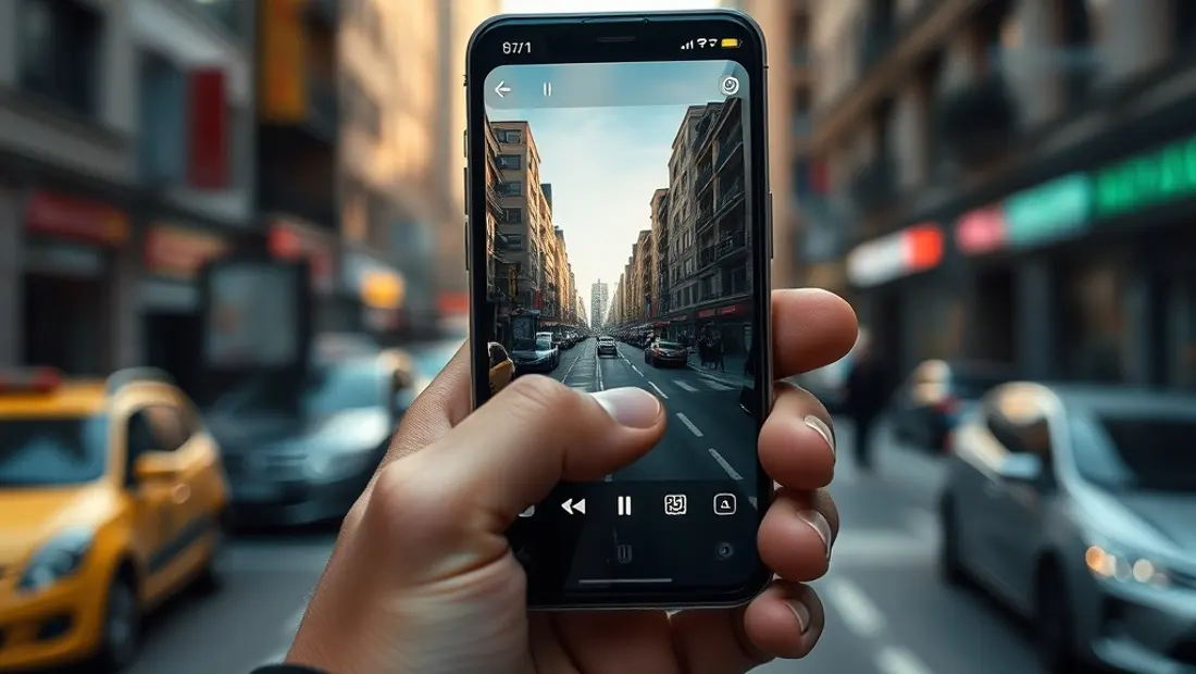 Una mano sosteniendo un teléfono móvil en una calle con edificios altos