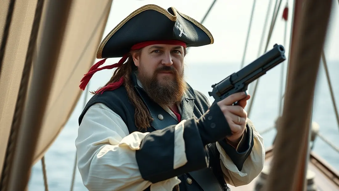 Pirata con pistola en mano en el barco.
