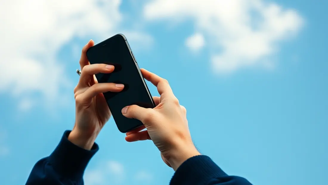 Persona con un teléfono móvil bajo el cielo azul.