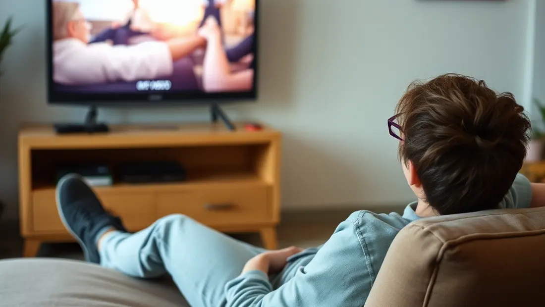 Persona sentada en un sofá, viendo la televisión con señal débil.