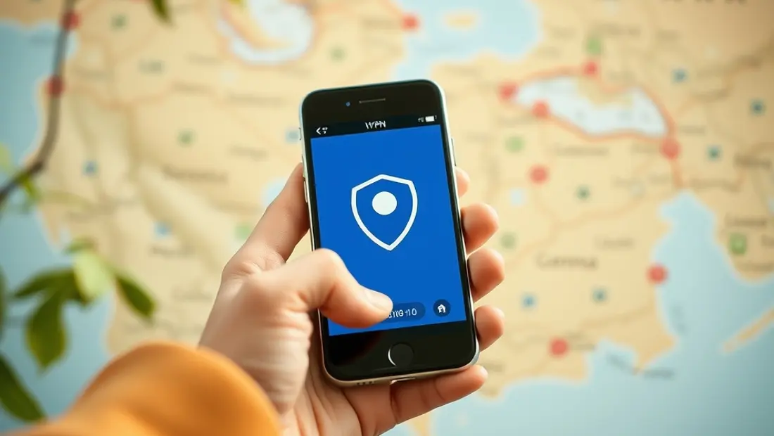 Un téléphone avec application VPN et carte du monde