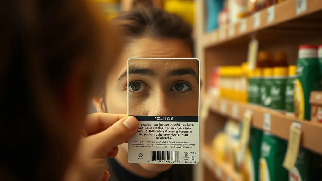 Persona mirando etiqueta de marca difícil de pronunciar en tienda de productos locales