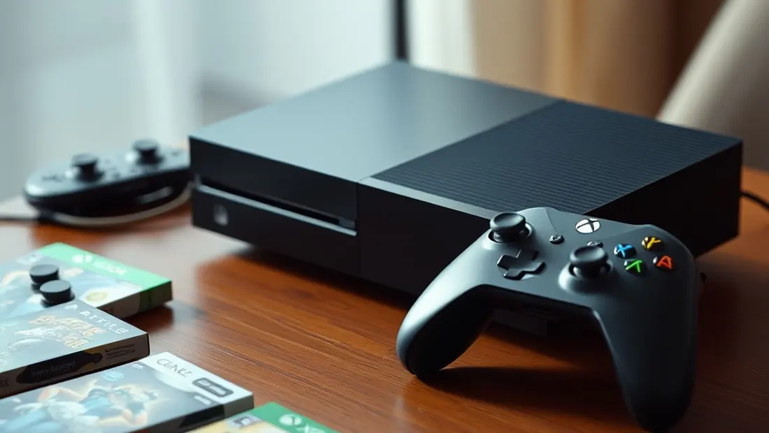 Consola de juego y controlador sobre una mesa con varios juegos