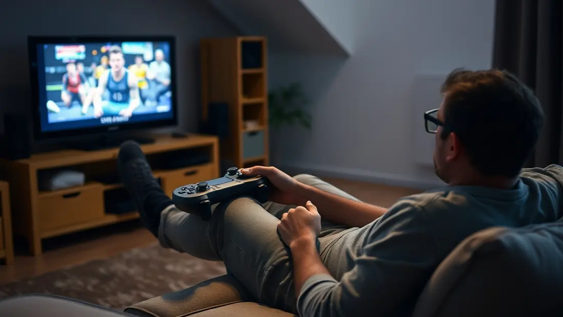 Jugador sentado en un sofá con controlador y mirando una televisión